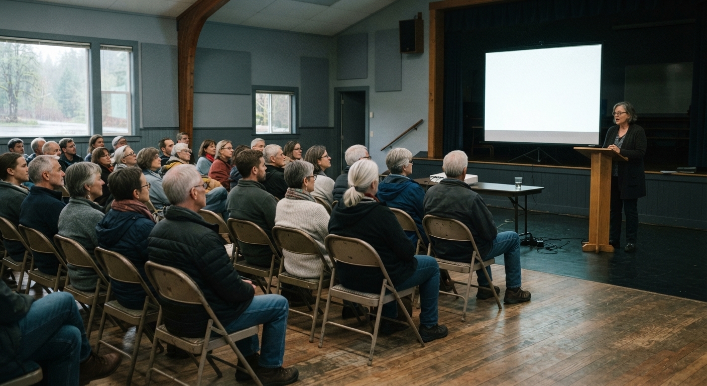 Community members listening to a speaker at a public event